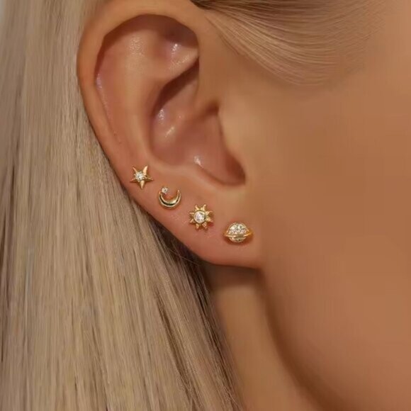 Bundle of 4! Stud Earring Set Celestial Gold CZ Star Moon Sun Planet Stacked Ear - Picture 2 of 6